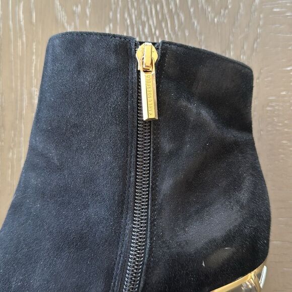 Karl Lagerfeld Black Leather Suede Ankle Boots Geometric Gold Block Heel Sz 8.5 - Picture 11 of 16